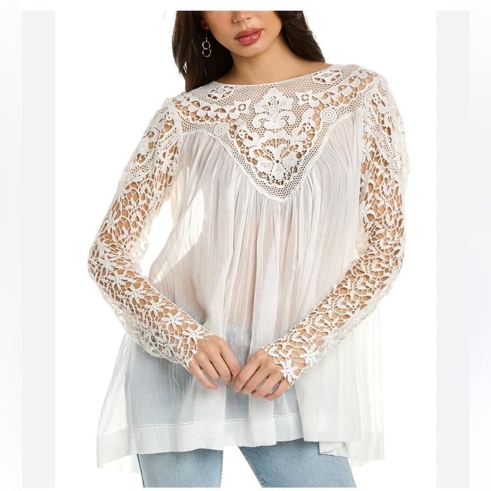 FP one size Large Women's Vera Lace Tunic Top In White Free People